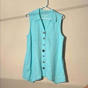 Soft Surroundings Aqua Sleeveless Button-Down Shirt, Sz L